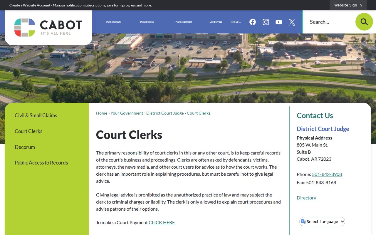 Cabot court docket clerk and record access page